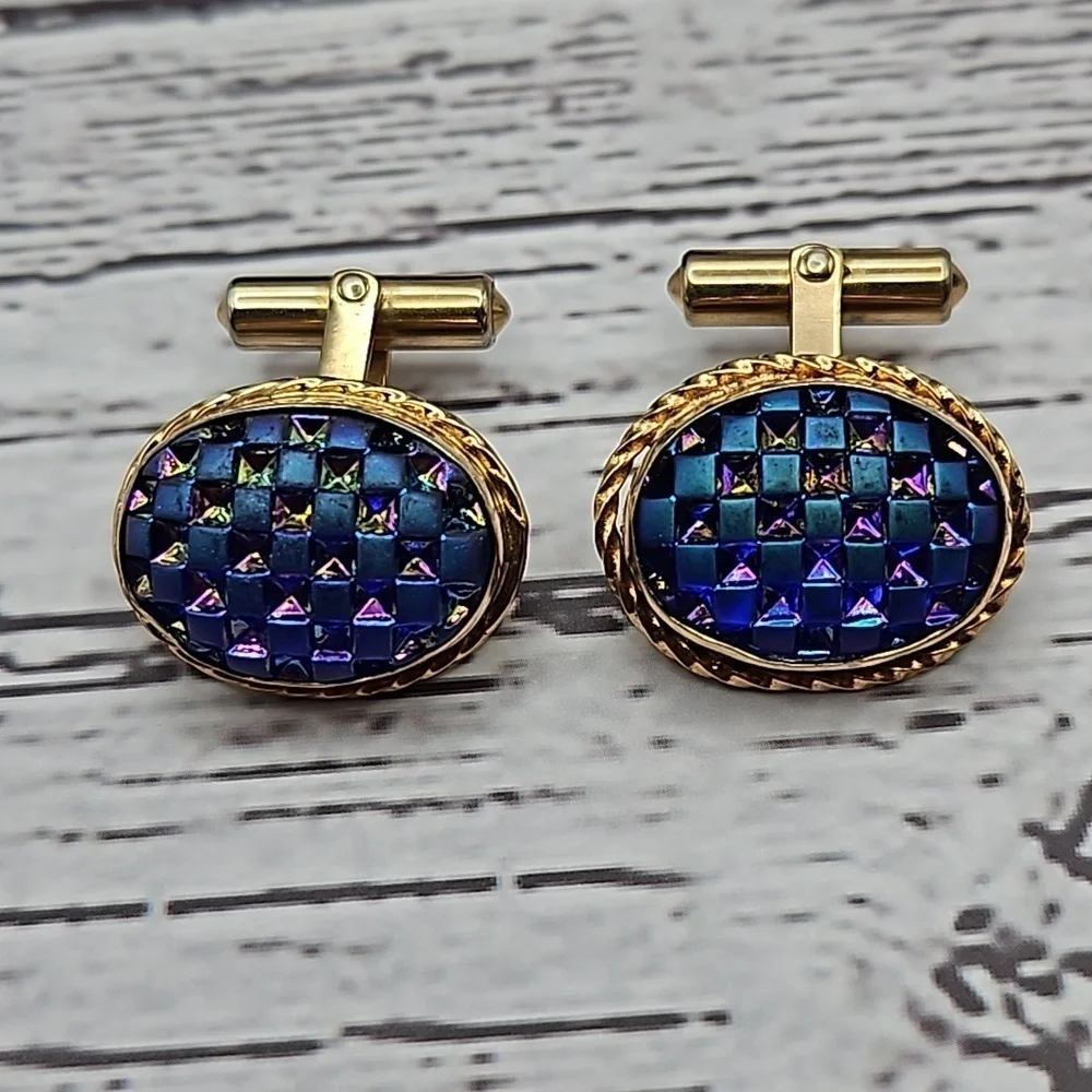 Vintage Chrisitan Dior Gold Tone & Sodalite Cufflinks withgold tone tie bar set - Picture 3 of 6